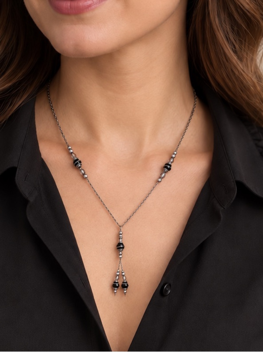 18” Silver Tone Black Beaded Y Necklace with Wire Wrapped Details
